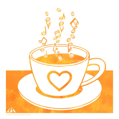 Digital illustration of a filled coffee mug. The steam has the form of notes whose heads look like coffee beans.