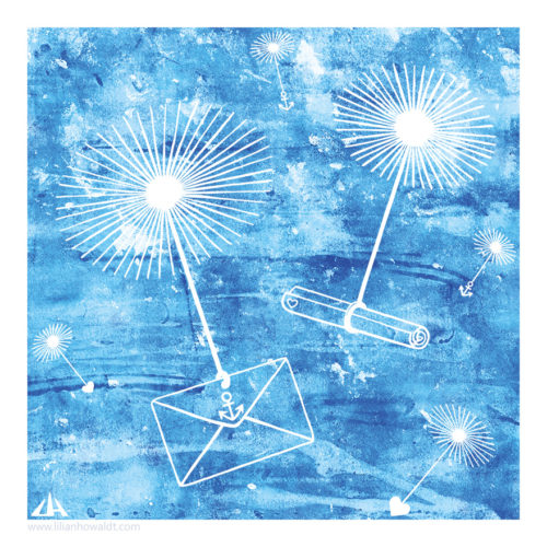 Digital illustration of flying dandelion parachutes. Some of them are carrying letters; others are carrying hearts or anchors as seeds.