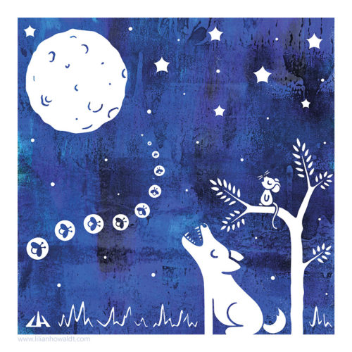 Digital illustration of a werewolf howling at the full moon, accompanied by a cute little mouse, sitting in a tree, howling along with the wolf.